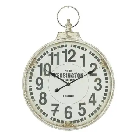 DecMode 24 White Metal Distressed Pocket Watch Inspired Wall Clock with Black Accents