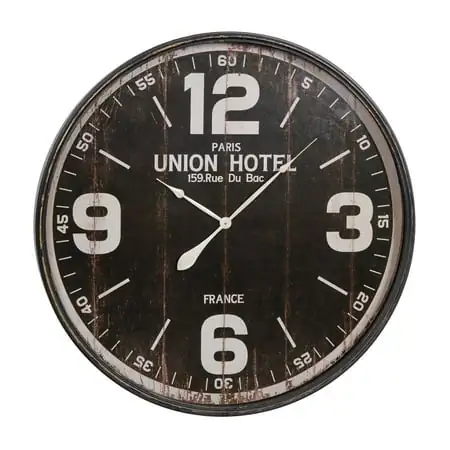 DecMode Vintage Black/Brown Distressed Finish Wall Clock, 35D Features PARIS UNION HOTEL 159 Rue du Bac, FRANCE Text