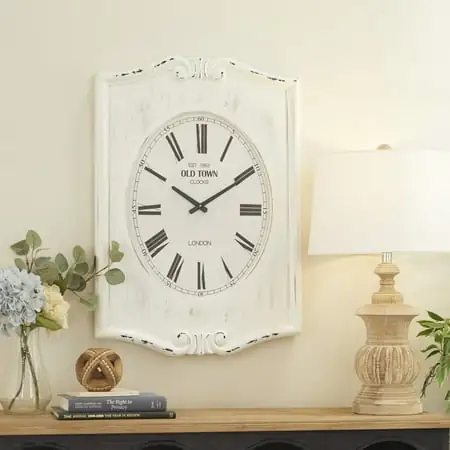 DecMode Wood Farmhouse Carved Rectangular Roman Numeral Wall Clock 22W x 31H, with White and Black Distressed Finish