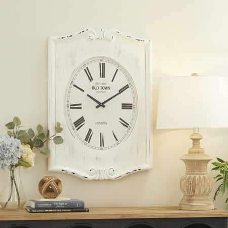 DecMode Wood Farmhouse Carved Rectangular Roman Numeral Wall Clock 22W x 31H, with White and Black Distressed Finish