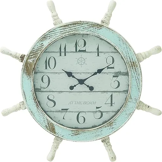 Deco 79 Wood Sail Boat Decorative Wall Clock Ship Wheel Wall Clock for Home, Wall Clock for Room 28" x 2" x 28", Blue