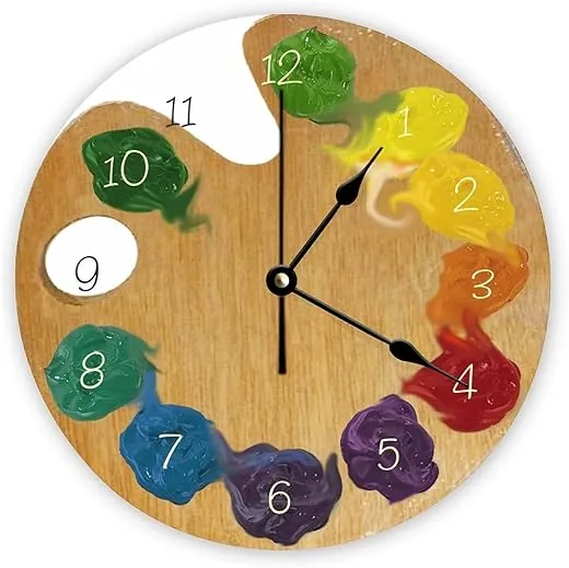 Decorative Silent No Ticking Wall Clock Artist`s Palette Color Wheel with Numbers Round Modern Wooden Clocks for Bedroom Living Room Home Office School Wall Art Decor, 10 Inches