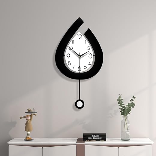 Decorative Wall Clock for Living Room Decor Large Modern Wall Clocks with Pendulum Battery Operated for Bedroom Office Kitchen Home Small Black Silent Wall Clock Non Ticking 11.8*22.4 Inch