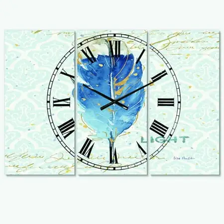 Designart 'Blue Damask Feather' Farmhouse wall clock