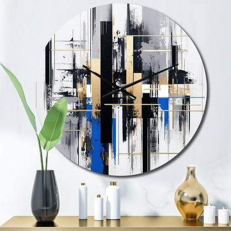 Designart Bold Stripes in Blue and Gold II Cubism Oversized Wall Clock