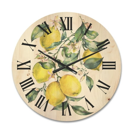 Designart 'Branch of Leaves and Yellow Lemons I' Tropical Wood Wall Clock