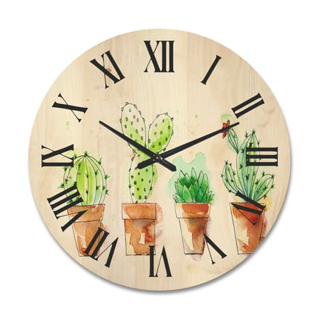 Designart 'Cacti In Gentle Tones In Ceramic Pots I' Traditional Wood Wall Clock