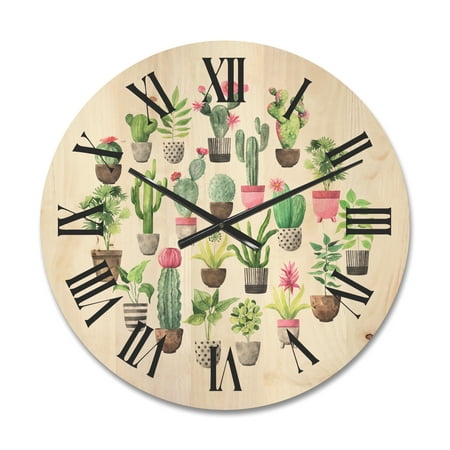 Designart 'Cactus In Ceramic Pots In Gentle Tones II' Traditional Wood Wall Clock