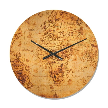 Designart 'Close Up Magnifying Glass on World Map ' Rustic Wood Wall Clock