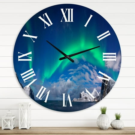 DESIGN ART Designart 'Aurora Borealis Above FLaget Bay' Traditional wall clock 36 In. Wide x 36 In. High