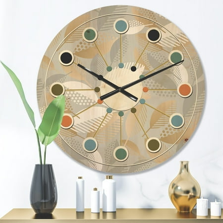 DESIGN ART Designart 'Luxury geometric fall leaves pattern' Mid-Century Modern Wood Wall Clock 23 In. Wide x 23 In. High