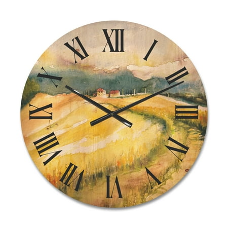 Designart 'Golden Grass Fields of Tuscany Italy' Country Wood Wall Clock