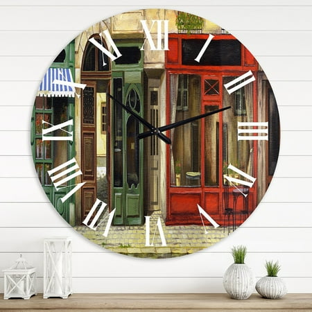 Designart 'Red Facade Of Charming Shop In Paris Ii' French Country Wall Clock