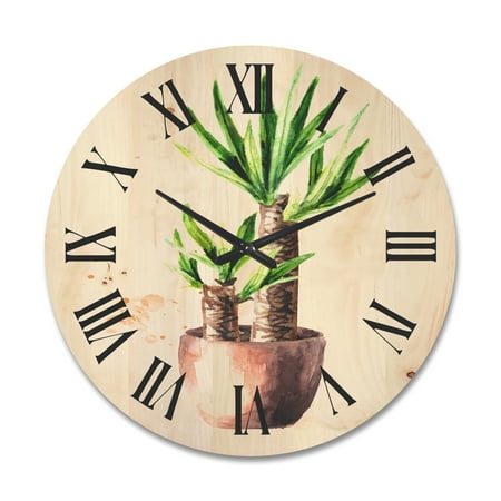 Designart 'Yucca Tree In The Ceramic Flower Pot On White' Traditional Wood Wall Clock