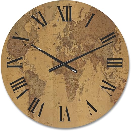 DesignQ 'Ancient World Map III' Vintage Wood Wall Clock, Brown, 23x23, (CLW35399) Large Decorative Map Wall Clock Oversized Wood Clocks for Living Room Décor