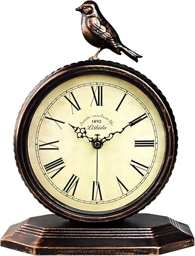 Desk Clock for Bedroom Kitchen Vintage Table Clock Mantel Desktop Farmhouse Tabletop Metal Clock for Office Living Room Silent Decor Battery Operated Bird Clock