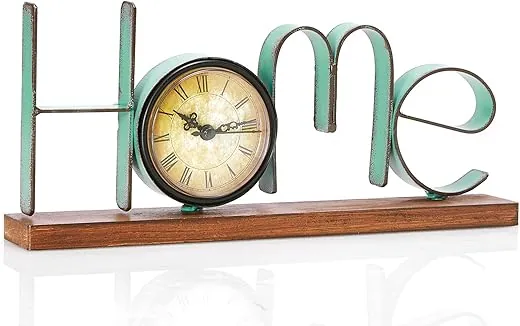 Desk & Shelf Clock - 5.12 H Antique Metal Wood Clock Vintage Green Letter Home with Battery Operated Round Quartz Clock for Living Room Dining Room Bedroom Office (Home)