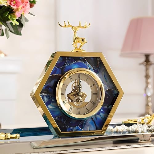 Desktop Clock Light Luxury Modern and Fashionable Metal Design Mantel Clock Tabletop Decorative Home Office Desk Decor (Blue & Gold)