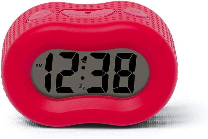 Digital Alarm Clock for Bedrooms Travel, 2 AA Battery Powered, Simple Operation, Large 1 Display, Automatic Green Night Light Dimmer, Snooze, Small, Portable, Home Décor, Red