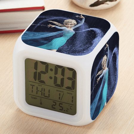 Digital Alarm Clock for Kids, Cartoon Frozen Pattern 7 LED Color Changing Wake Up Clock with Thermometer Function and Night Light, Gift for Boys Girls A93-548