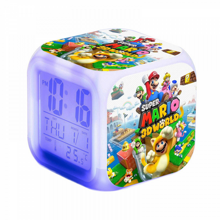 Digital Alarm Clock for Kids, Cartoon Super Mario Pattern 7 LED Color Changing Wake Up Clock with Thermometer Function and Night Light, Gift for Boys Girls A93-746