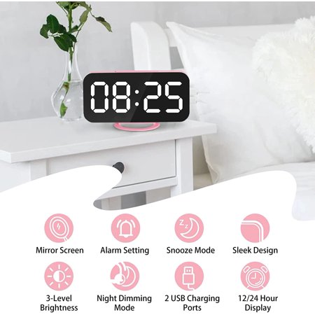 Digital Alarm Clock, Large Led Mirror Display,2 Usb Charging Ports,Auto Adjustable [1017]