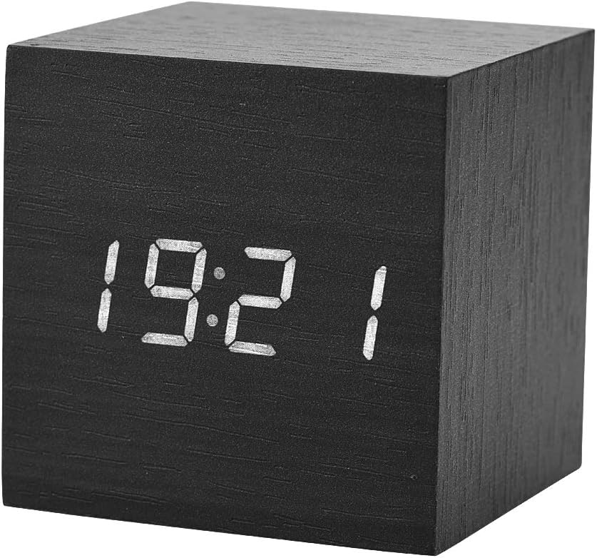 Digital Alarm Clock, LED Clock 3 Levels Brightness Modern Cube Clock Temperature Display with Voice Control for Bedrooms (Black)