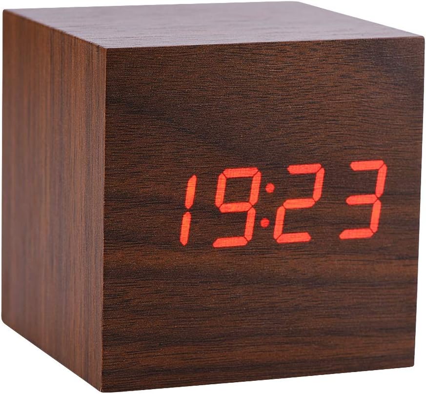 Digital Alarm Clock, LED Clock 3 Levels Brightness Modern Wooden Cube Clock Temperature Display with Voice Control for Bedrooms (Brown)