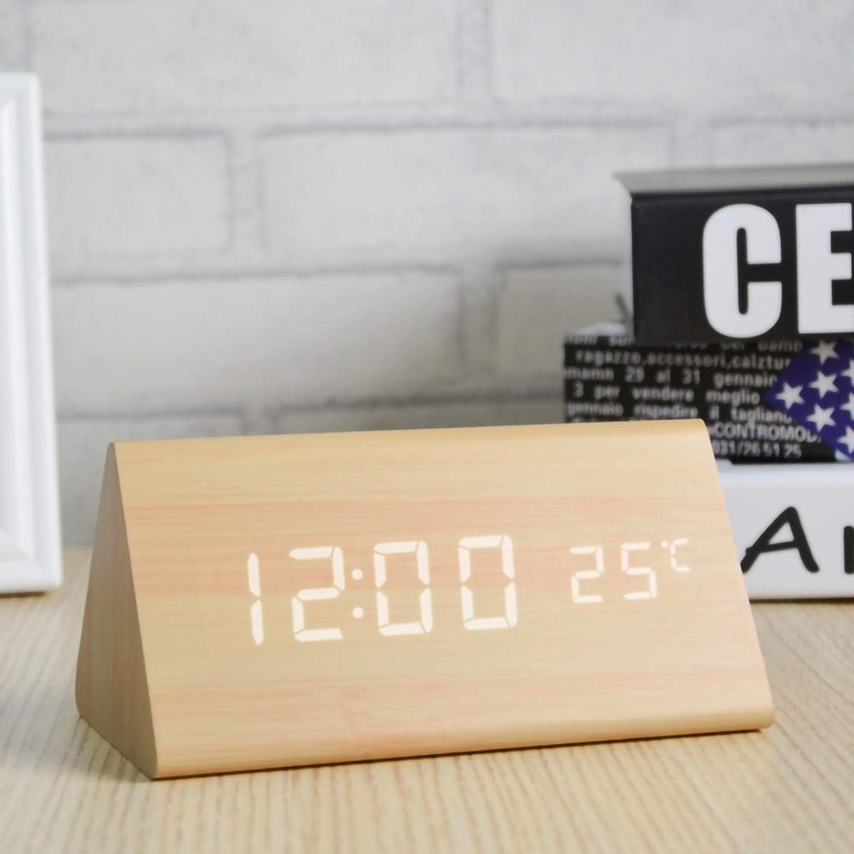 Digital Alarm Clock, Triangle Wooden Clock with LED Display, 3 Alarm Settings, 4 Brightness and Temperature, Time & Date, Decor Digital Clock for Bedroom & Bedside (Bamboo)