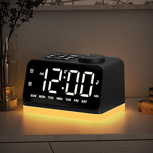 Digital Alarm Clock with FM Radio for Bedroom, 8 Colors Night Light with 2 Charging Port, Sleep Sound Machines with Timer, Dual Alarm, Loud Alarm and Easy to Use for Seniors and Kids as Gift (Black)