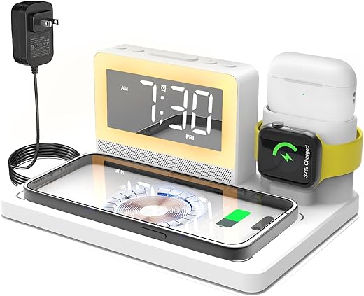 Digital Alarm Clock with Wireless Charging Docking Station for iPhone for Apple Watch for Airpod, 7 Color Light for Bedroom, 5 in 1 Watch and Cell Phone Charger Stand for Magsafe Apple Devices (White)