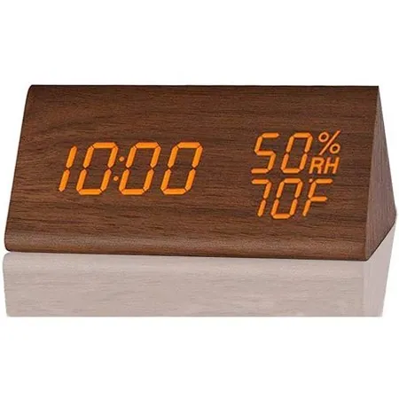 Digital Alarm Clock, with Wooden Electronic LED Time Display, 3 Alarm Settings, Humidity & Temperature Detect, Wood Made Electric Clocks for Bedroom, Bedside