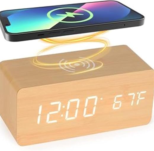 Digital Alarm Clock, with Wooden Electronic LED Time Display, 3 Alarm Settings, Humidity & Temperature Detect, Wood Made Electric Clocks for Bedroom, Bedside (Wood)