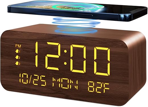 Digital Alarm Clock, with Wooden Electronic LED Time Display, 3 Alarm Settings, 10W Wireless charging, Day of the week, Temperature Detect, Wood Made Digital Clocks for Office, Bedroom, Bedside, Brown