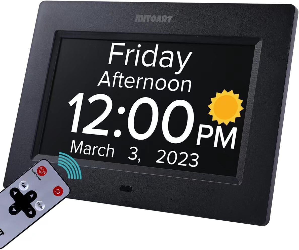 Digital Calendar Alarm Clock with Day and Date, 7 Inch Dementia Clocks for Seniors with 8 Alarms, Remote Control, and Push for Help Button, Gifts for Alzheimers, Elderly or Impaired Vision.