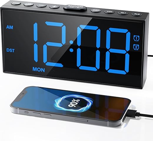 Digital Clock for Bedroom,7.5''Large Display,2 Alarms for Weekday/Weekend,Bedside Alarm Clock for Heavy Sleepers Adults, Adjustable Volume,Dual Charging Ports,Snooze,Dimmer,Memory Function,12/24H &DST