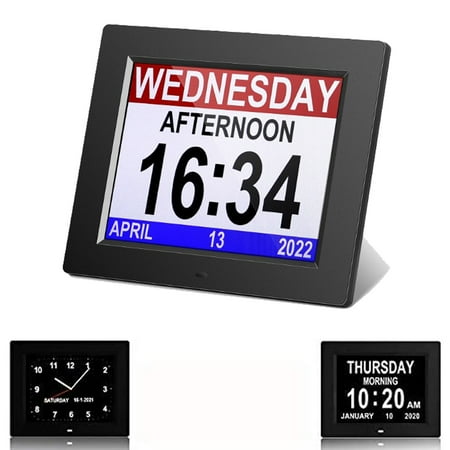 Digital Day Clock with 8 inch Large LCD Display, 3 Color Display Days of the Week Clock, Wall Clock for Seniors, Black