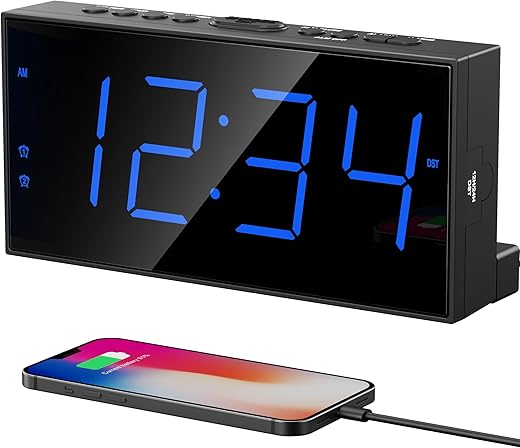 Digital Dual Alarm Clock for Bedroom, Large Display Bedside with Battery Backup, USB Phone Charger, Volume, Dimmer, Easy to Set Loud LED Heavy Sleepers Kid Senior Teen Boy Girl Kitchen