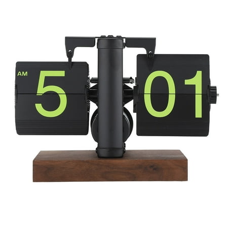 Digital Flip Clock 12h Single Sided Large Numbers Automatic Retro Mechanical Flip Clock Wood Base for Living Room Frosted Black Frame Green Page