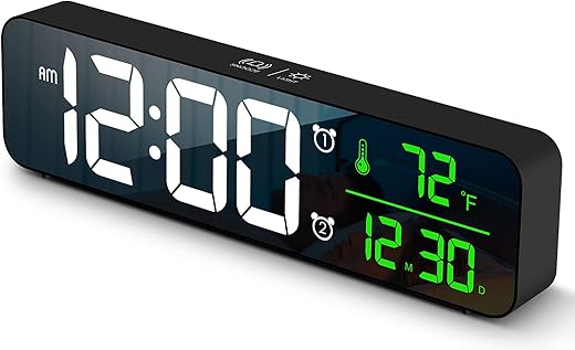 Digital Large Display Alarm Clock for Living Room Office Bedroom Decor LED Electronic Date Temp Display Wall Electric Clocks Automatic Brightness Dimmer Smart Cool Modern Desk Accessories Black