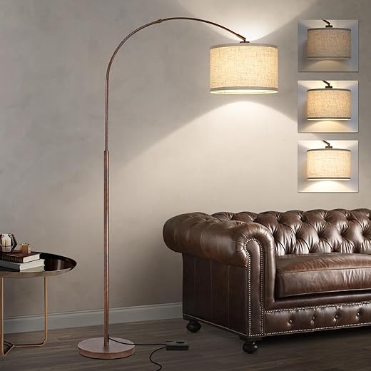 Dimmable Arc Floor Lamps for Living Room, Mid Century Floor Lamp, Antique Bronze Standing Lamp with Adjustable Hanging Shade, Tall Pole Lamp Reading Light for Bedroom, Over Couch, 9W LED Bulb Included