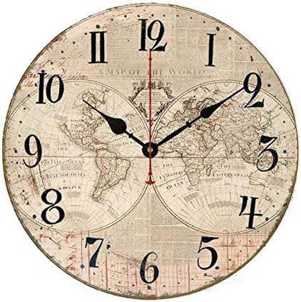 Distressed Old World Map Wall Clocks Large Decorative Wooden Quartz Silent Home Modern Art Clock Gifts for Women 16 inch