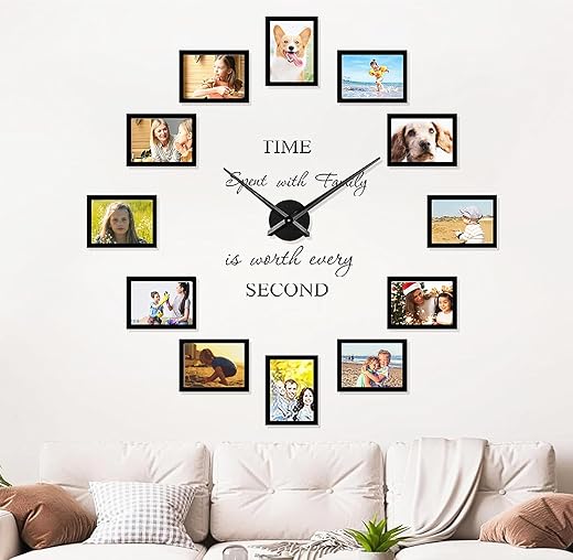 DIY Picture Frames Collage Wall Decor Family 5x7 Acrylic- Frames Picture Wall Decor - Large Wall Clocks for Living Room Decor Big Decorative Black Wall Clock Modern non Ticking