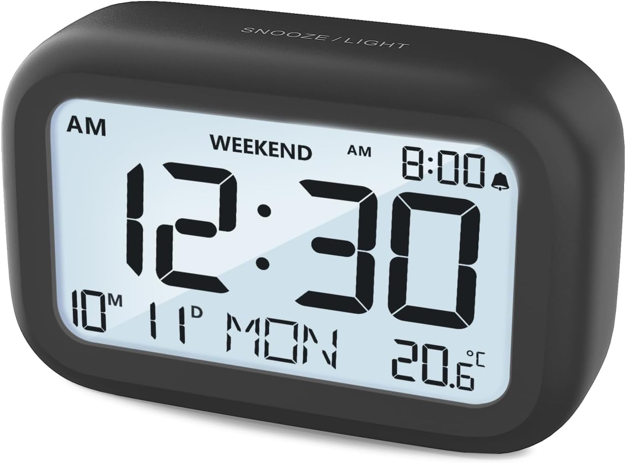 DOOMAY Digital Alarm Clock Bedside - Battery Powered Clock with LCD Display Volume Adjustable Snooze and Weekend Mode for Bedroom Office Desk Travel - Black