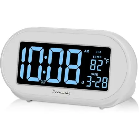 DreamSky Alarm Clocks for Bedrooms, Auto Set Digital Desk Clock for Bedside Nightstand, Electric Clock with Dimmable Brightness Dimmer, Auto DST, USB Port, Date, Temperature, Snooze