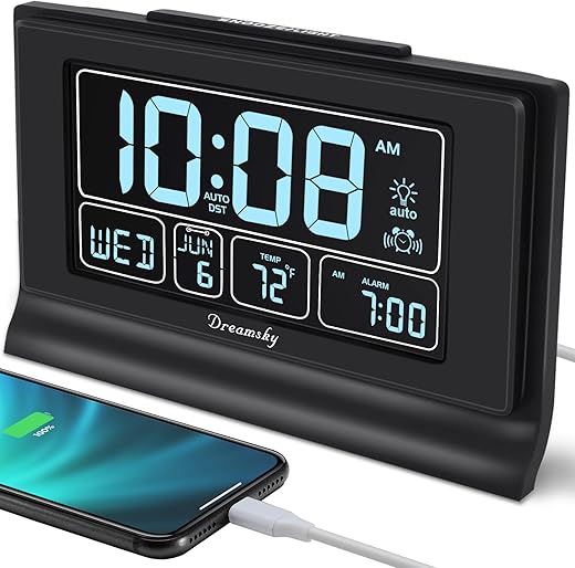 DreamSky Alarm Clocks for Bedrooms with Battery Backup, Auto Set Digital Clock with Date and Day of Week, Temperature, USB Port, Auto DST, Dimmer, 12/24H