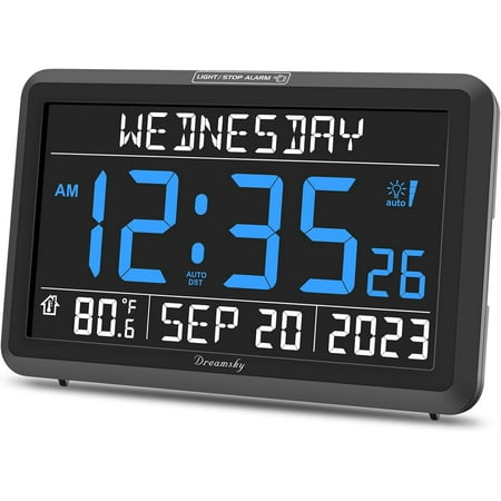 DreamSky Digital Clock with Date and Day of Week - Large Display Calendar Clock for Seniors Elderly, Loud Alarm Clock for Bedroom Desk, Adjustable Backlight Volume, USB Port, Auto DST, Battery Backup