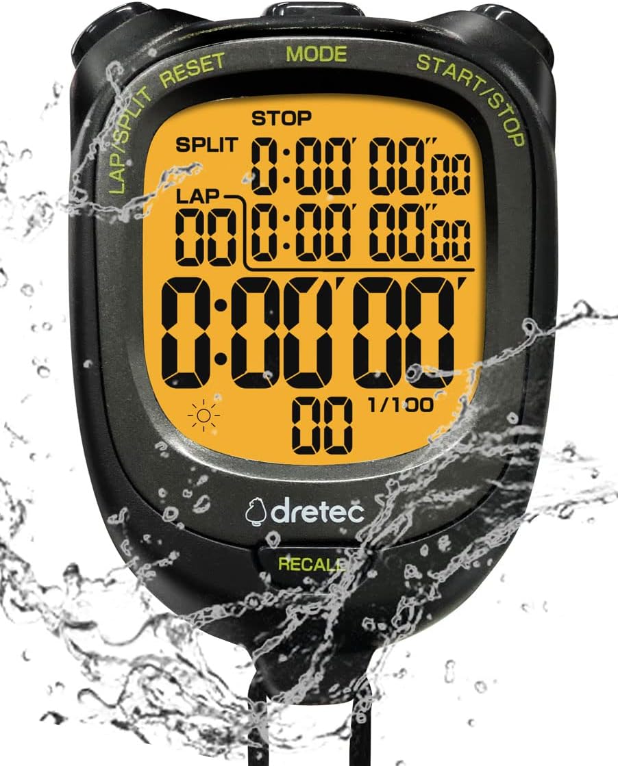 dretec Digital Stopwatch Timer Waterproof Backlight Alarm Calender for Swimming Running Training Kids Coaches Black