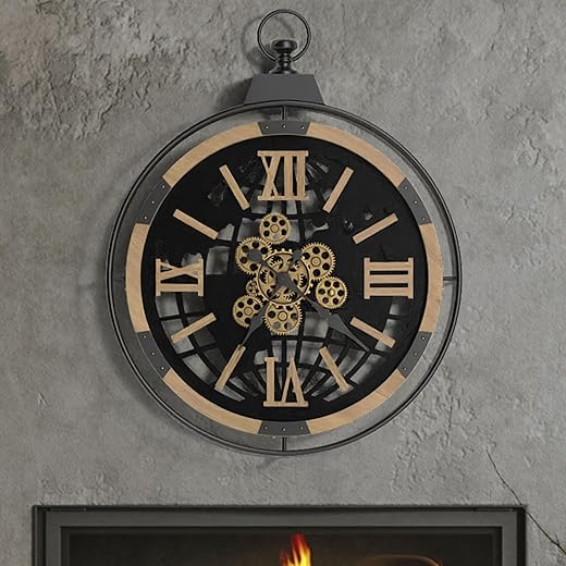 Driini 30 Inch Large Rustic Farmhouse Gear Clock with Moving Gears – Vintage Oversized Wall Clock with Iron Frame – Giant Industrial Steampunk Wall Clock for Living Room Décor (Oak)