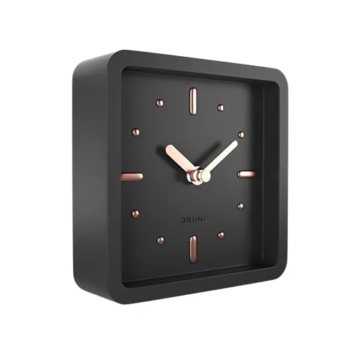 Driini Modern Mid Century Desk & Shelf Clock (Black Rose Gold) - Battery Operated with Silent, Analog Movement – Small Tabletop Clocks for Office – Perfect for Mantle, End Table, Desktop or Nightstand